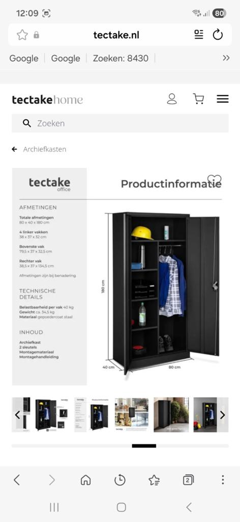 Metalen locker kast - Tectake Office, Ophalen, Met deur(en), Nieuw, 50 tot 100 cm