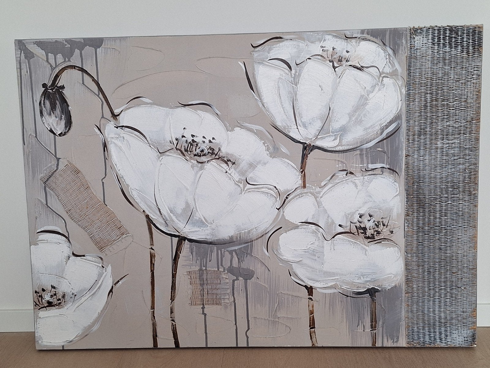 Modern schilderij met witte bloemen en textuur, Ophalen, Acrylverf, Handgeschilderd, Bloemen