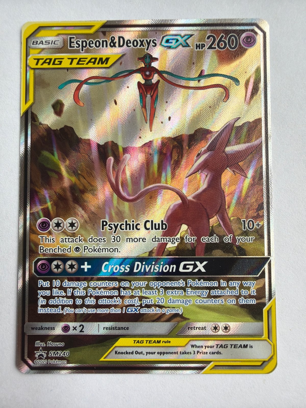 Pokémon Espeon & Deoxys GX SM240 TAG TEAM Kaart, Ophalen of Verzenden, Zo goed als nieuw, Losse kaart