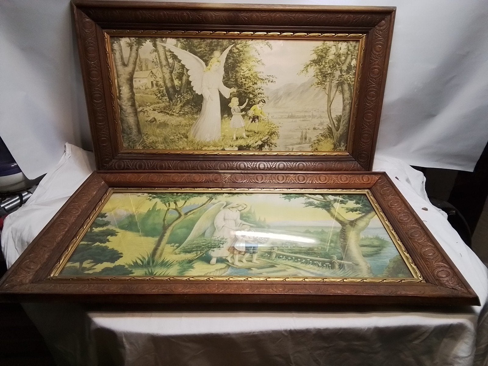 Set van 2 Antieke Engelen Schilderijen in Houten Lijst, Antiek en Kunst, Ophalen of Verzenden