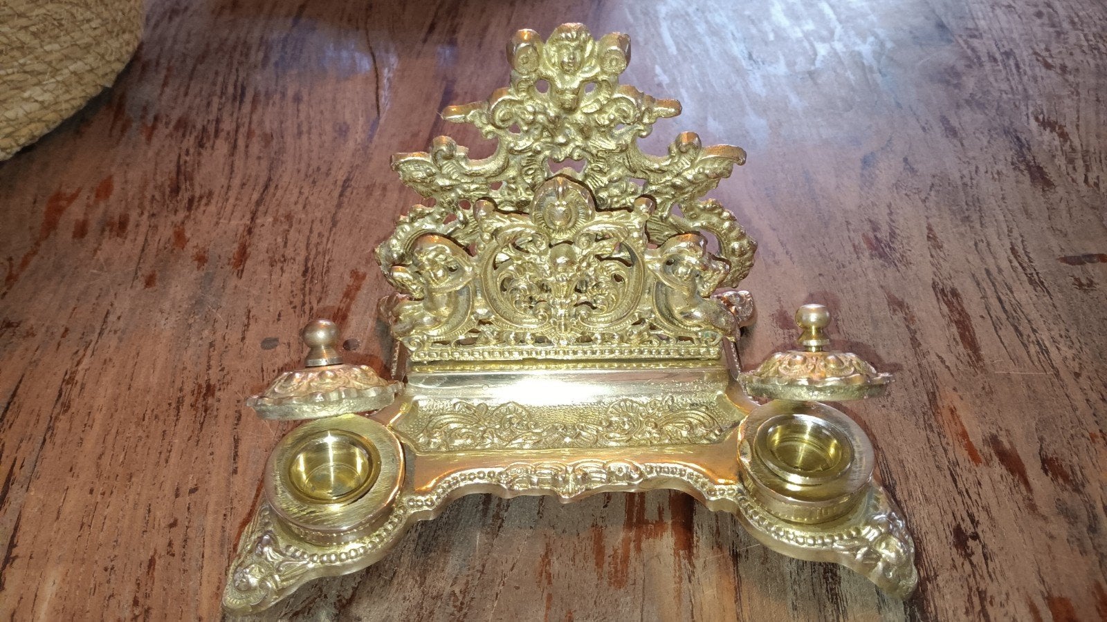 Vintage massief messing brievenrek met dubbele inktpot:, Ophalen of Verzenden