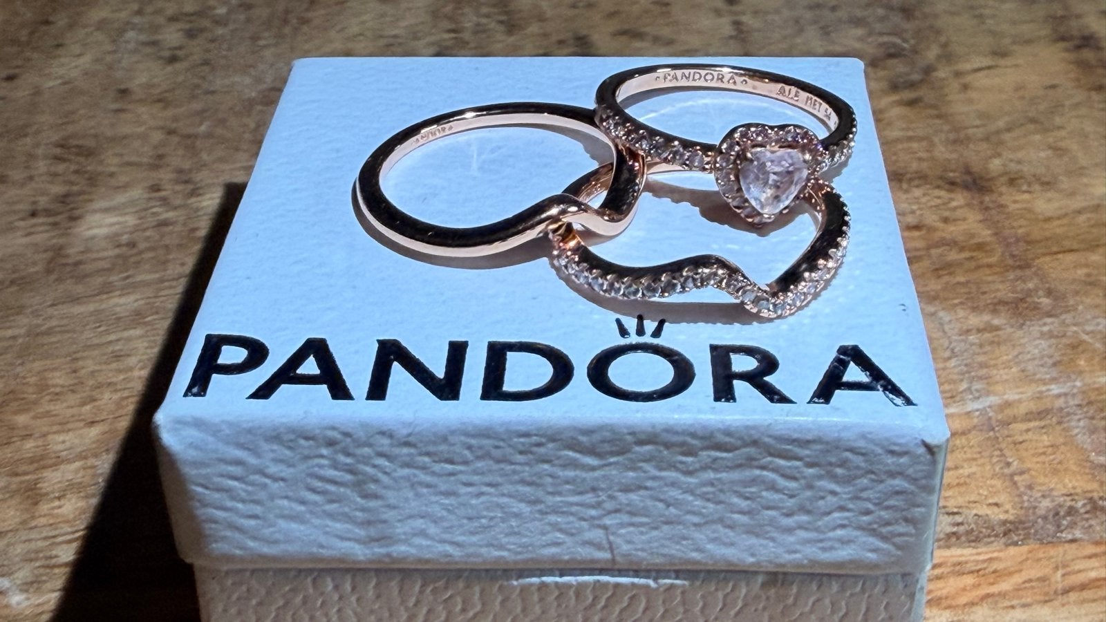 Pandora 14k Roségouden Ringen Set met Zirkonia, Met kristal, Ophalen of Verzenden, Zo goed als nieuw, 17 tot 18