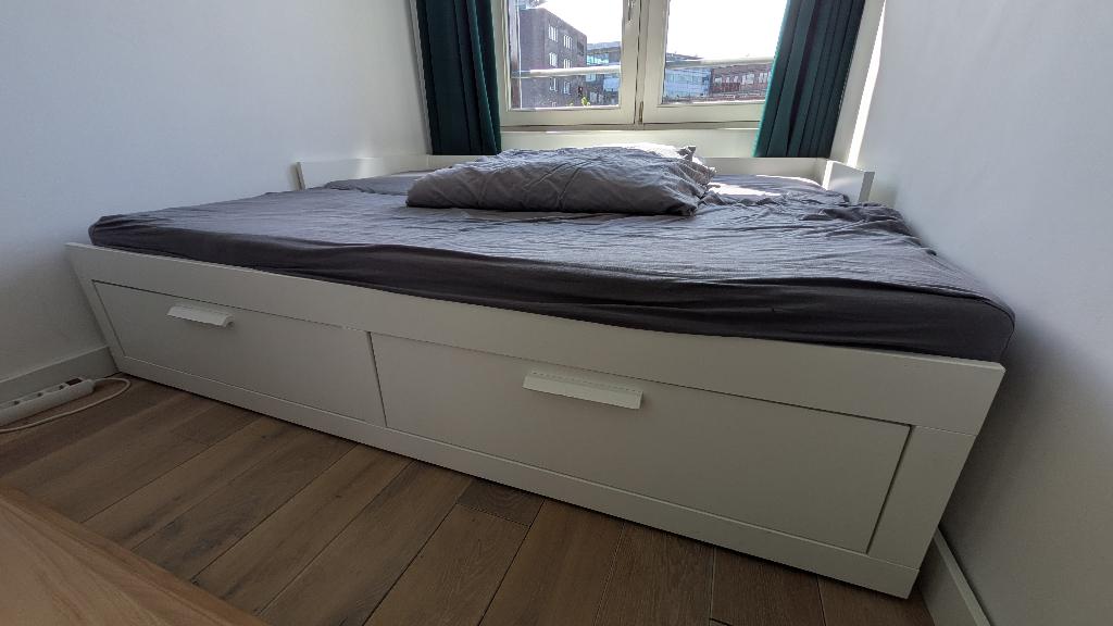 Ikea Brimnes bed + lades + 2x matras - 80/160 uitschuifbaar, Ophalen, Wit, Tweepersoons, 200 cm