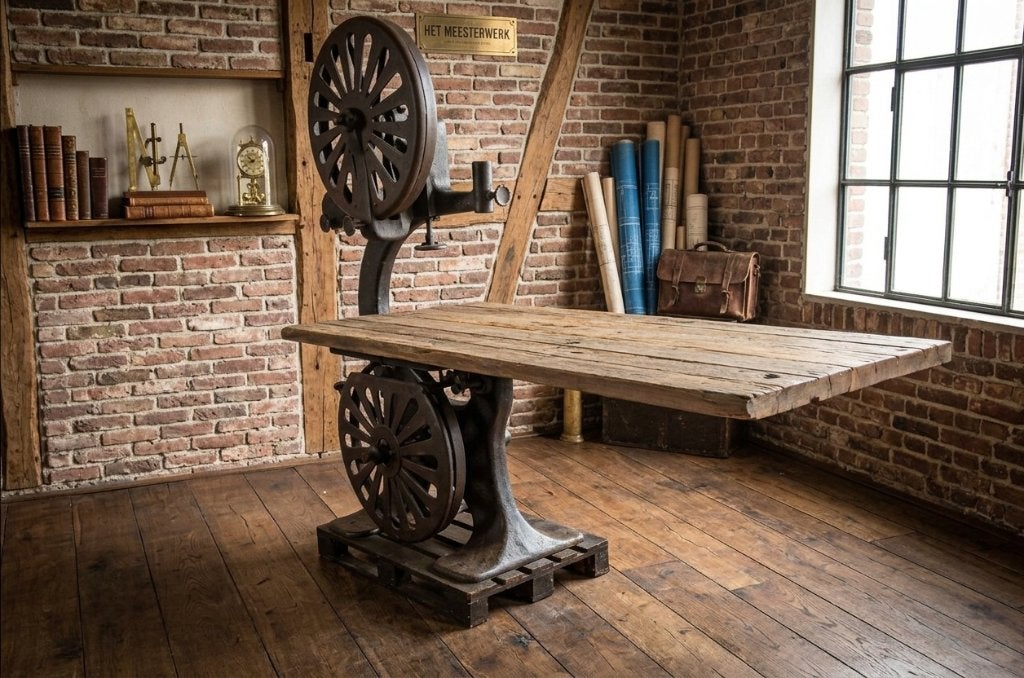 Industriele bartafel - gemaakt van een oude giet ijzeren lin, Eikenhout, Vijf personen of meer, Rechthoekig, Nieuw