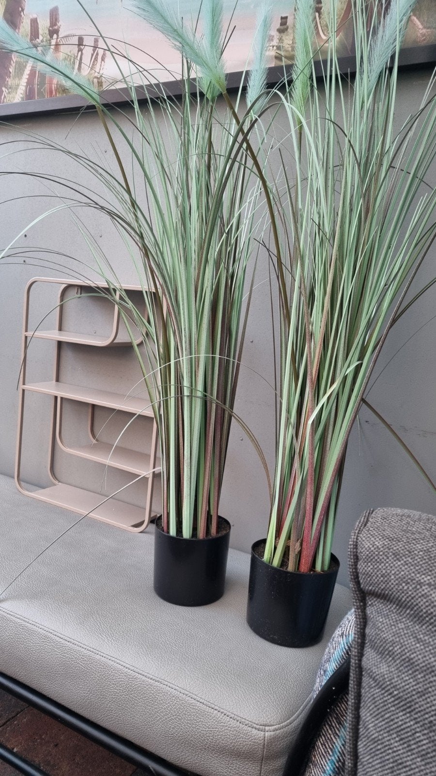 Set van 2 kunstplanten - siergras met pluimen, Groen, Met pot of vaas, Kunstplant, Ophalen of Verzenden