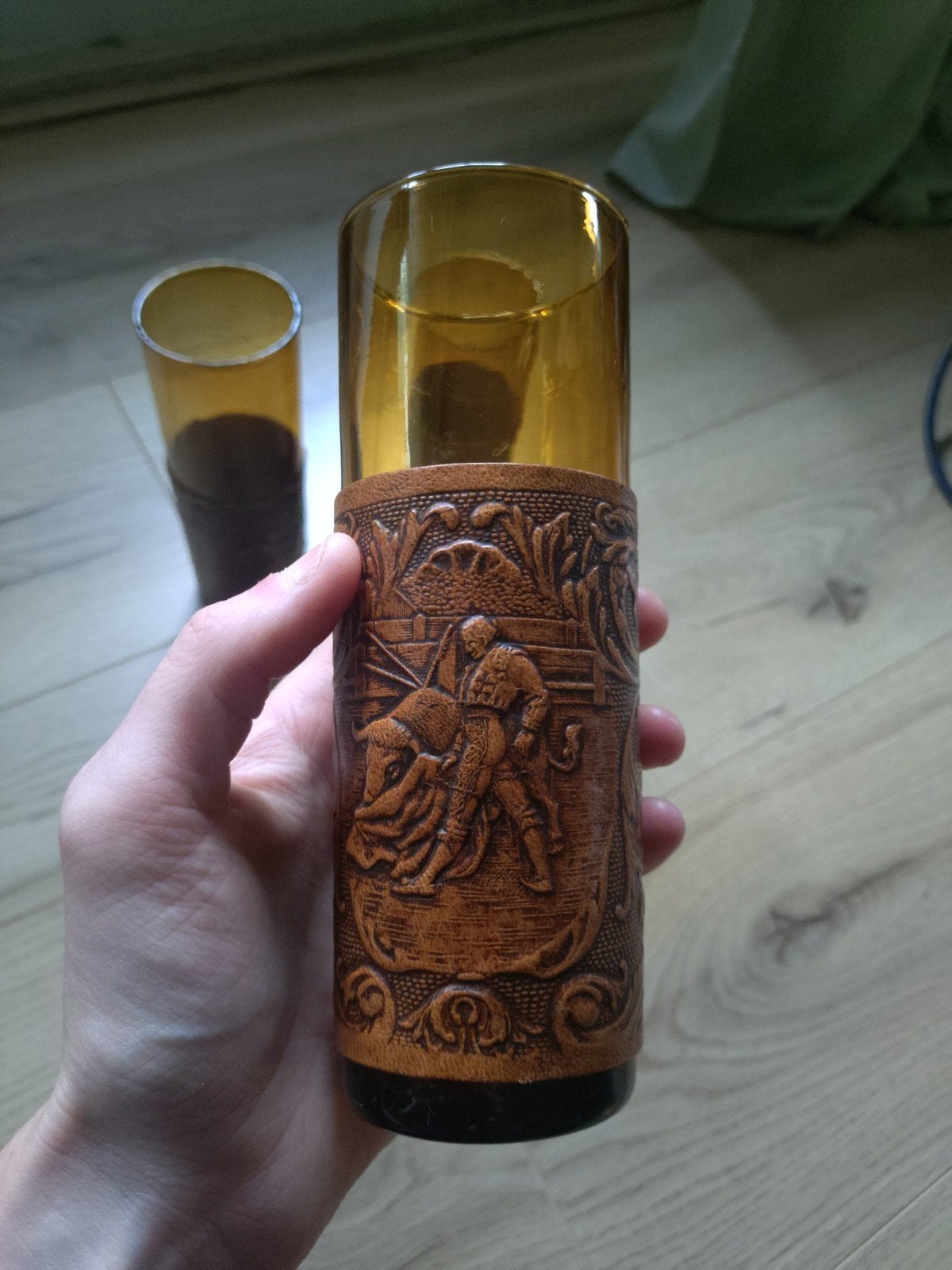 Set van 3 vintage glazen met leren omhulsel - stierenvechten, Ophalen of Verzenden