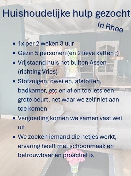 Enthousiaste huishoudelijke hulp gezocht in Rhee, Schoonmaken