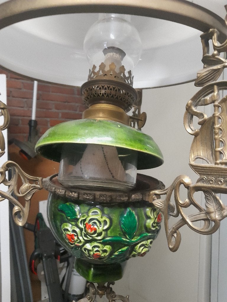Antieke hanglamp met olielamp-stijl en groen keramiek, Metaal, Overige merken, Gebruikt, Overige fittingen