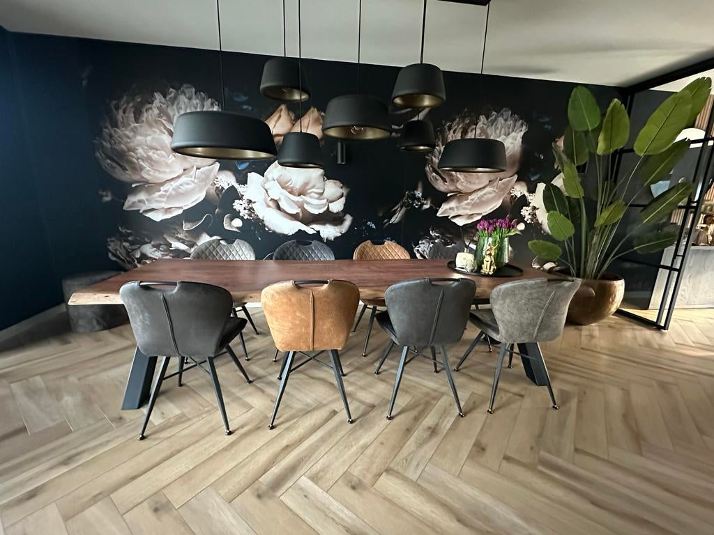 Boomstamtafel met 8 stoelen en greywash olie 300x90, Huis en Inrichting, Tafels | Eettafels, Ophalen, Gebruikt, 100 tot 150 cm