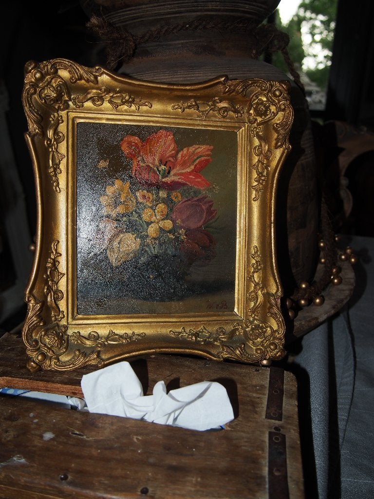 Klein Schilderij Bloemen in Goudkleurige Lijst - 25x22 cm, Ophalen of Verzenden