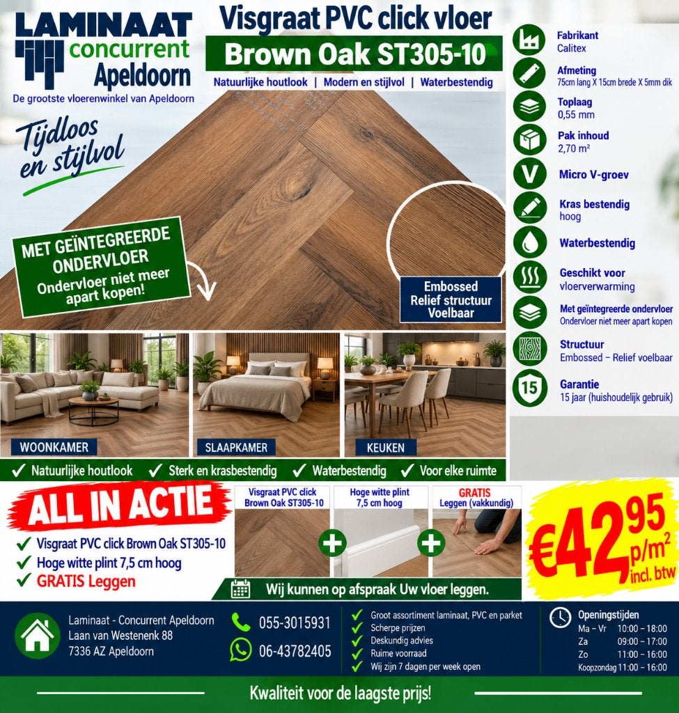 Visgraat Pvc click Brown Oak + Hoge wit plint + Leggen, Bruin, Visgraat Pvc click bruin kleur, 75 m² of meer, Nieuw