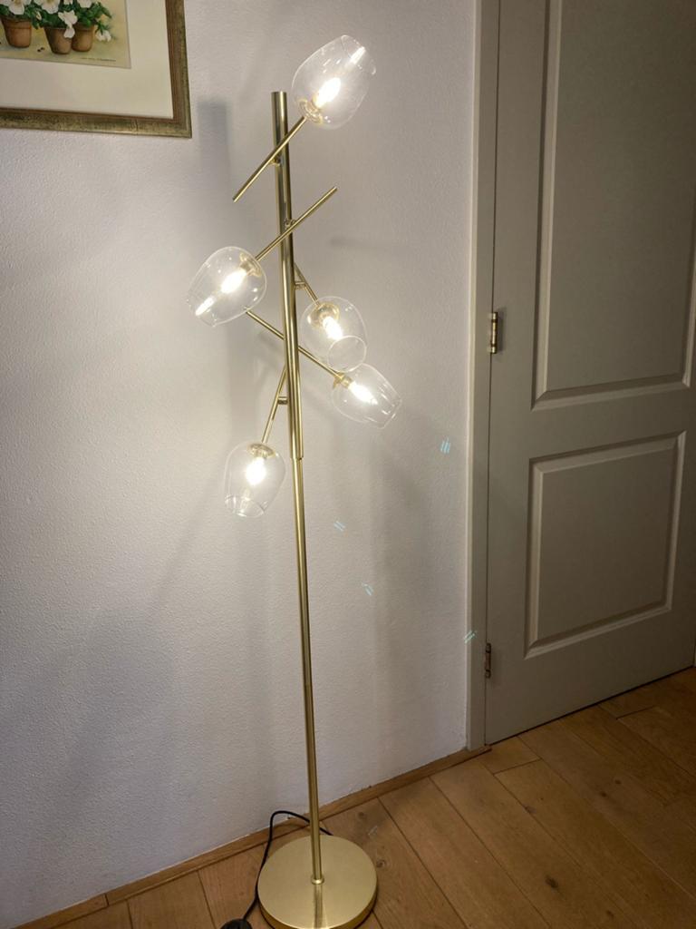 Moderne Staande Lamp met 5 Helder Glazen Kelkjes, Ophalen, Zo goed als nieuw, Glas, 150 tot 200 cm