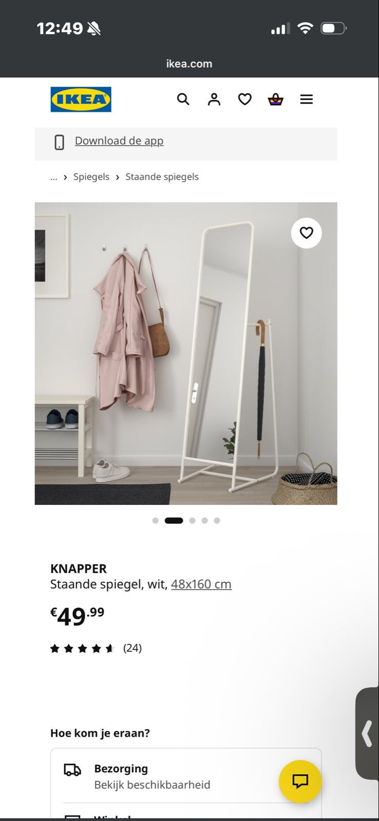 IKEA KNAPPER Staande spiegel wit 48x160 cm, Huis en Inrichting, Woonaccessoires | Spiegels, Minder dan 50 cm, Gebruikt, Ophalen of Verzenden
