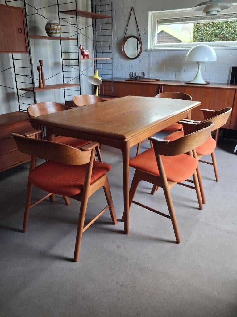 6 Kristiansen stoelen, Svend Aage Madsen tafel, retro teak, Ophalen, Gebruikt, Bruin, Stof