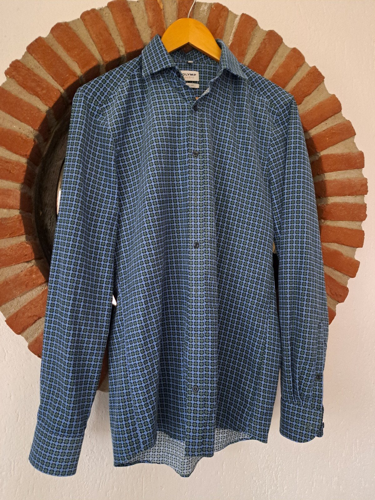 Overhemd blauw met stippen groen, Blauw, Zo goed als nieuw, Olymp, Halswijdte 39/40 (M)