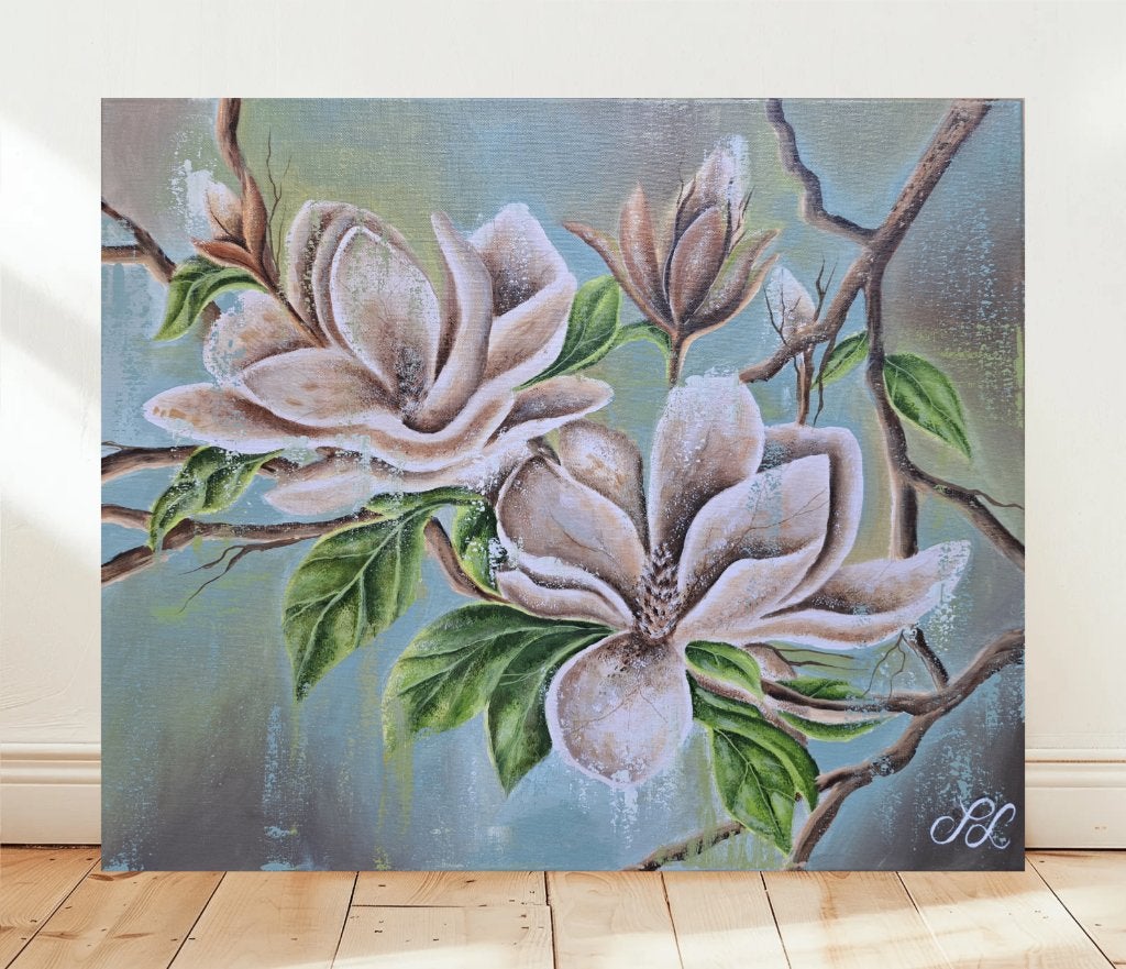 Hand-Painted Original Magnolia Painting. (60x50 cm), Bloemen, Acrylverf, Klassiek, Gesigneerd