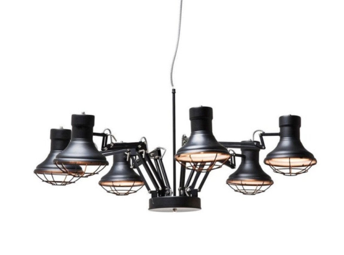 Industriële Zwarte Hanglamp met 6 Verstelbare Spots, Ophalen of Verzenden, Zo goed als nieuw, Metaal, E27 (groot)