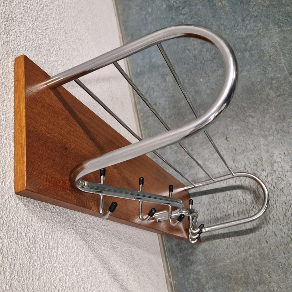 Vintage kapstok teakhout chroom wandkapstok jaren 60, Wandkapstok, Kolibrivintagehal@gmail.com, Gebruikt, Aaldertgeertsstraat 43 Olst