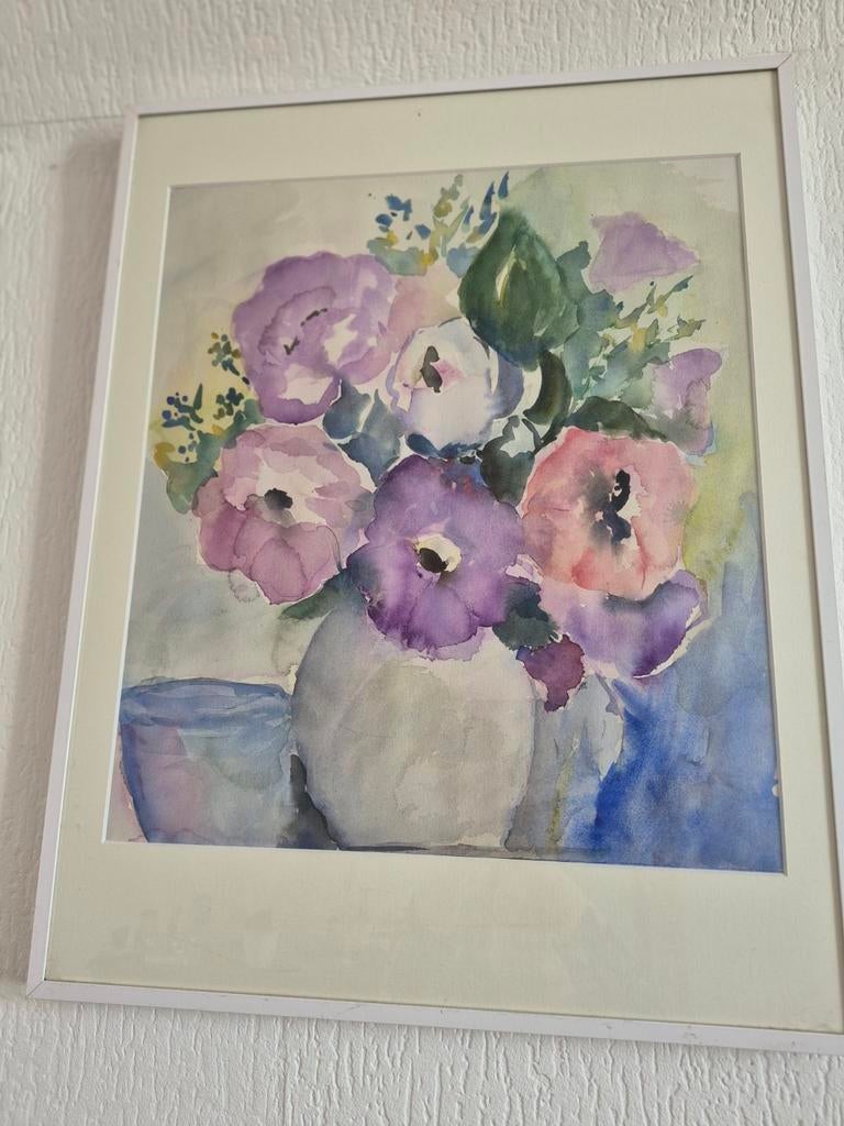 Ingelijste aquarel: Kleurrijk bloemenboeket, Ophalen of Verzenden