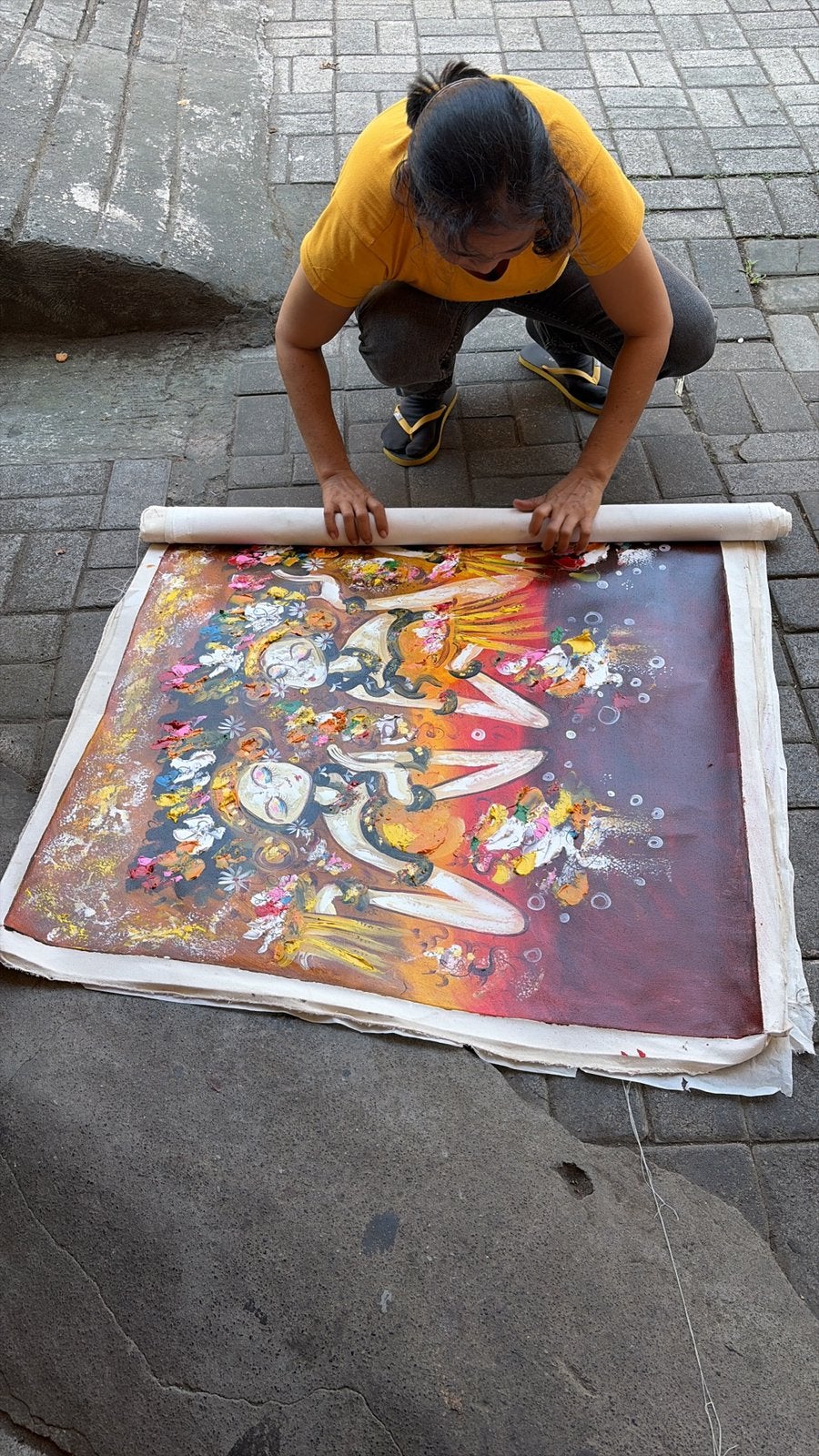 Prachtig schilderij uit Bali, 135 x 85 cm, 3D structuur, Acrylverf, Doek, Portret of Personen, Expressionistisch