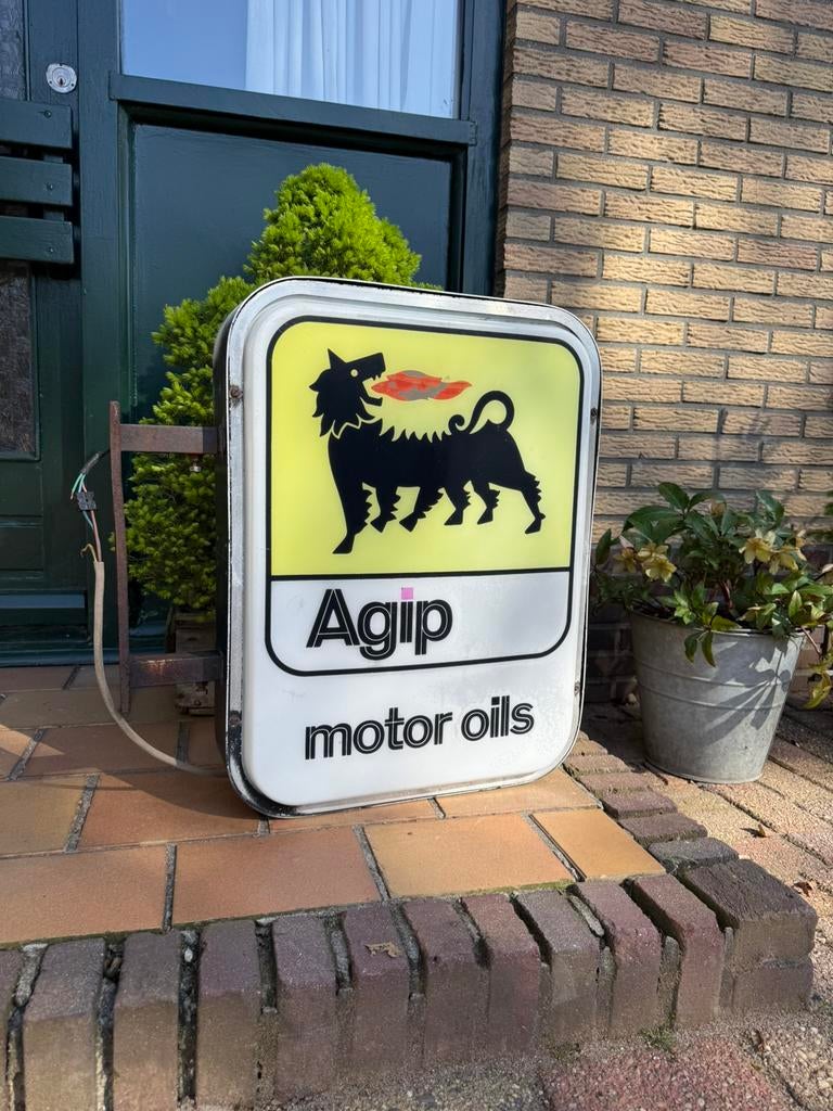 Oude reclame lichtbak reclamebord agip motorolie emaille, Ophalen, Zo goed als nieuw, Reclamebord