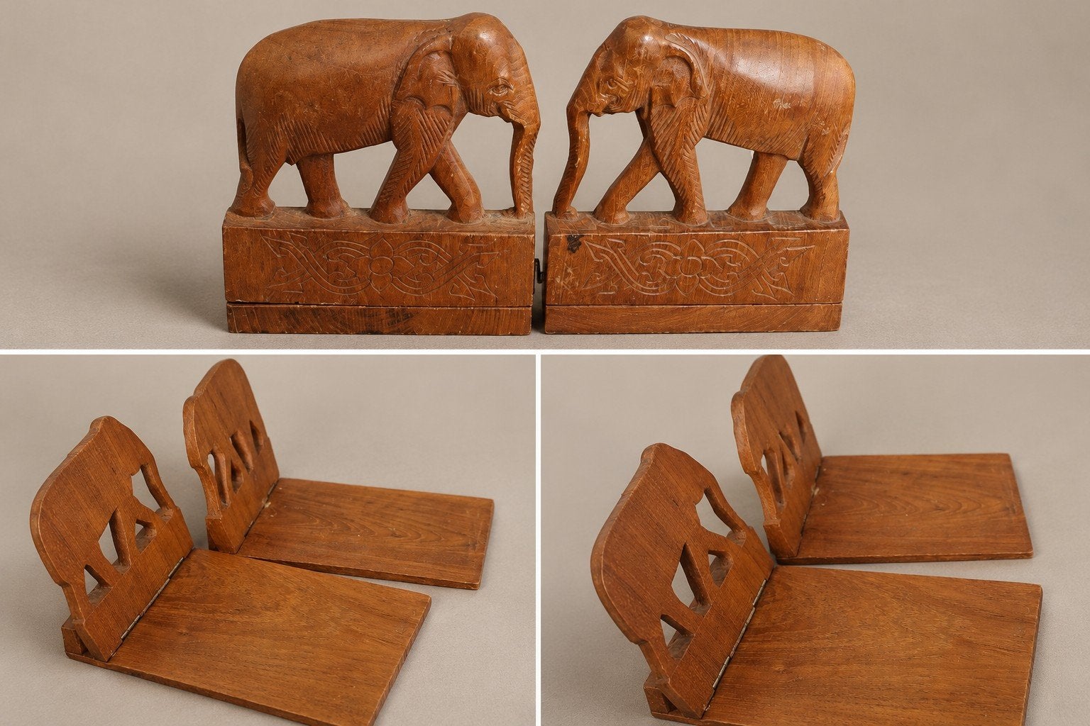 Vintage houten boekensteunen met olifanten – set van 2, Ophalen of Verzenden