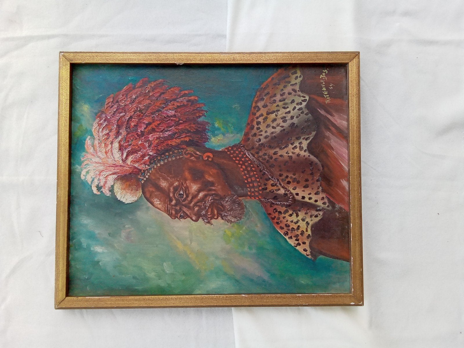 Mooi Afrikaans schilderij van het dorpshoofd, Antiek en Kunst, Kunst | Niet-Westerse kunst, Ophalen, Schilderij, Afrika, Overige materialen