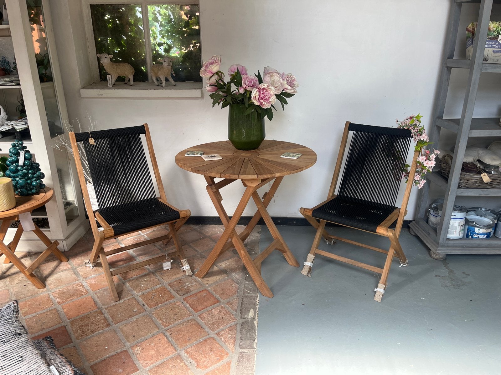 Teakhouten tuinset: ronde tafel en 2 stoelen, Ophalen of Verzenden, Gebruikt, Rond, Teakhout