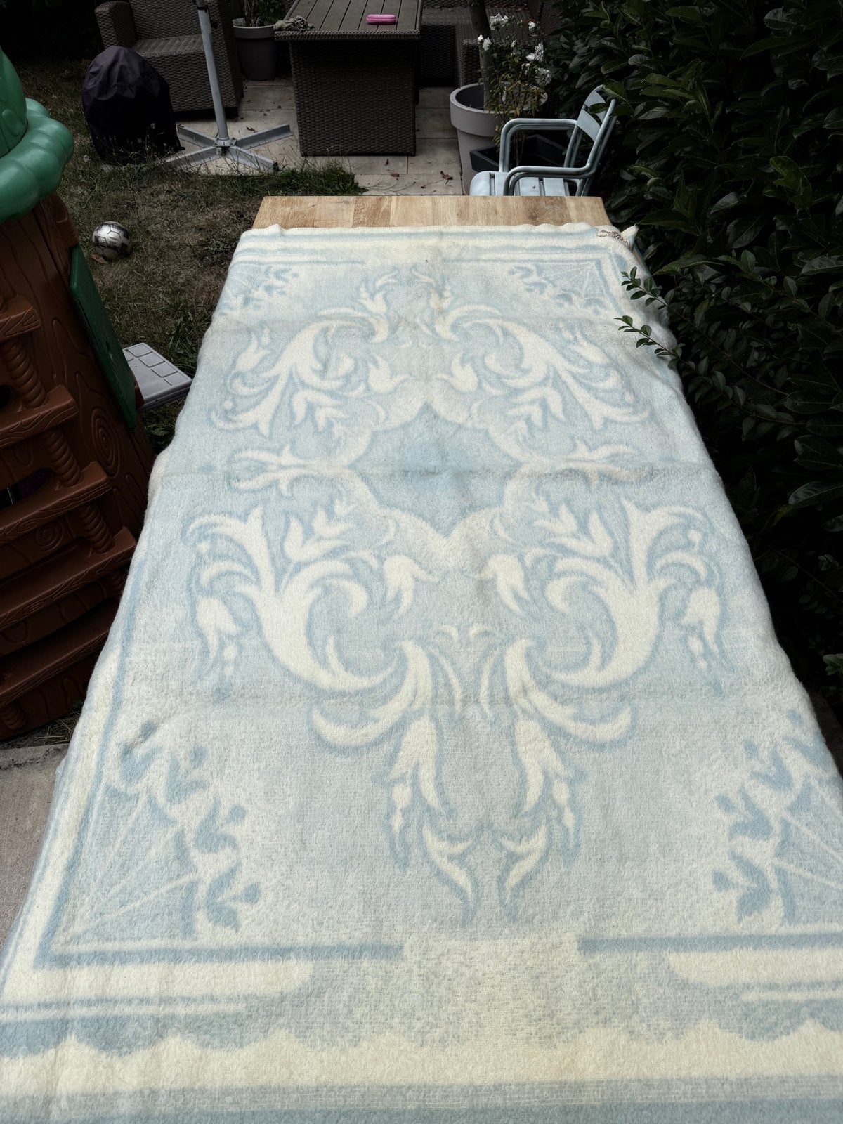 AaBe Wollen vintage Deken - Lichtblauw/Crème, Gebruikt, 100 tot 150 cm, 200 cm of meer, Ophalen of Verzenden