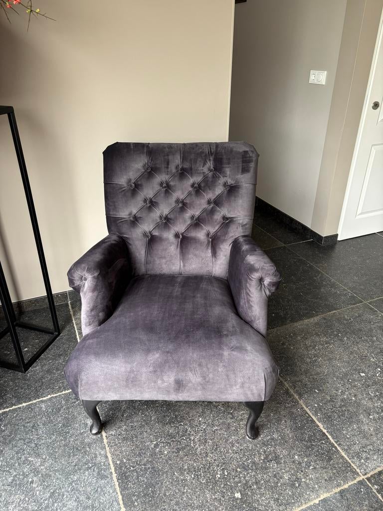 Landelijke Antraciet Velvet Fauteuil - Perfecte Staat, Ophalen, Gebruikt, 75 tot 100 cm, Landelijk