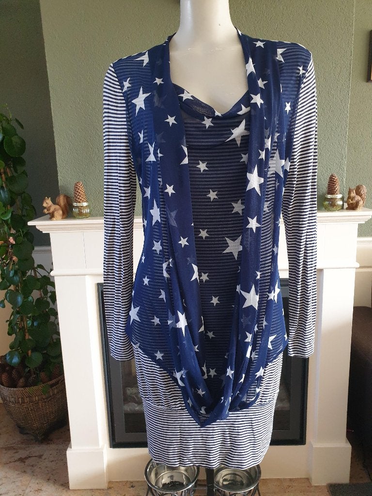 Dolce Vita blauw wit jurk lange tuniek L 42, Maat 42/44 (L), Knielengte, Dolce Vita, Gedragen
