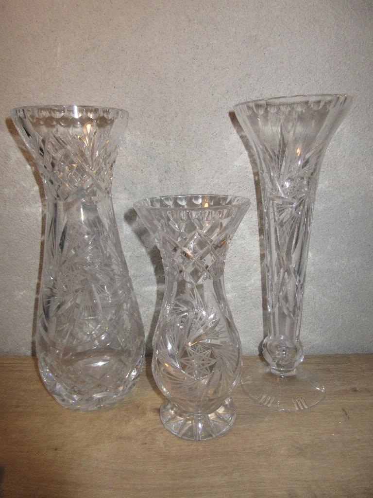Set kristallen vazen met geslepen glas in sterslijpsel, Ophalen of Verzenden