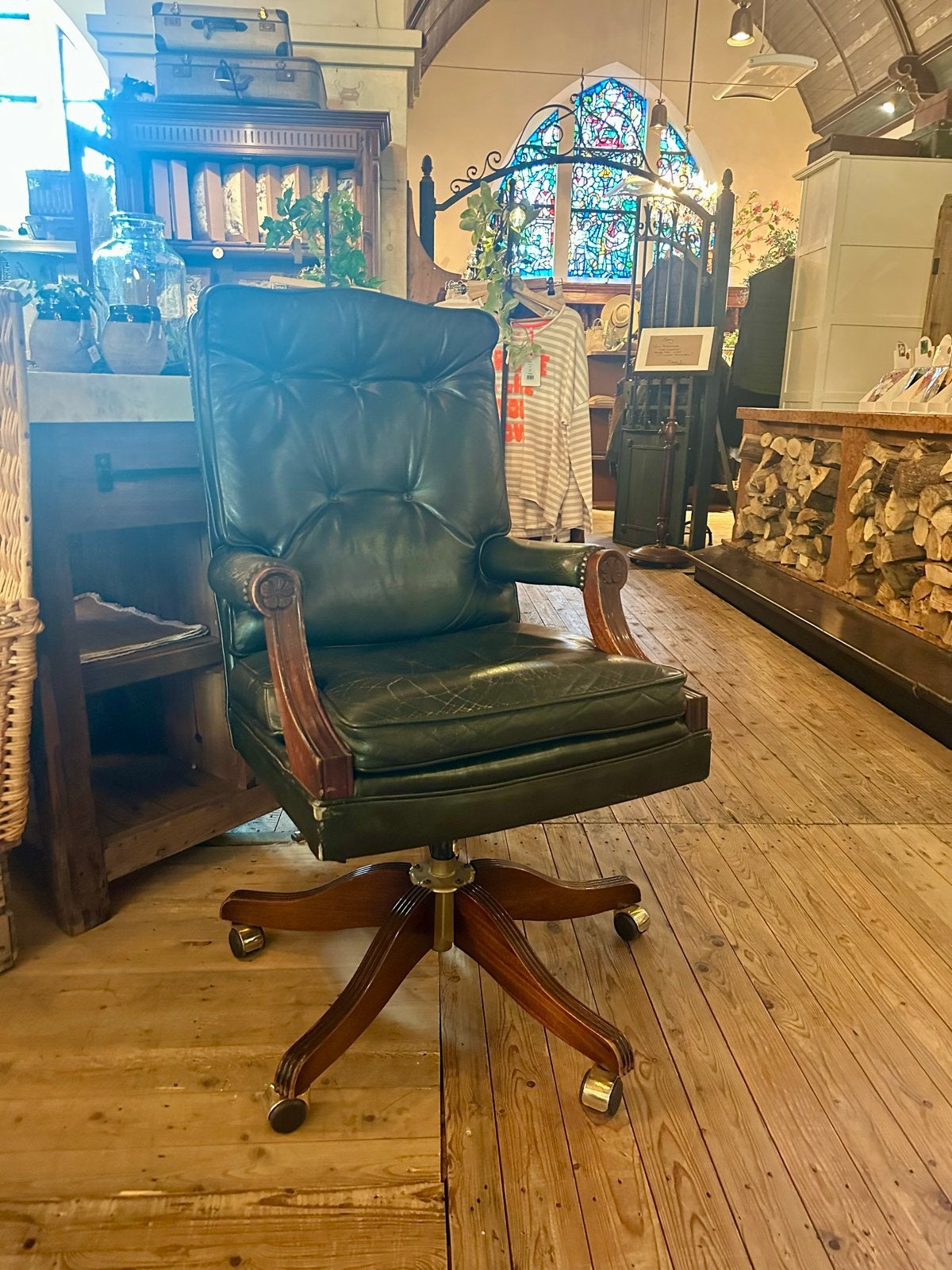 Luxe Groene Engelse Bureaustoel met Houten Details, Ophalen, Gebruikt, -, -