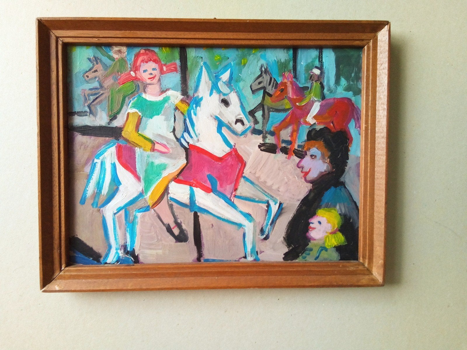 Schilderij kermis/draaimolen met houten lijst, Antiek en Kunst, Verzenden
