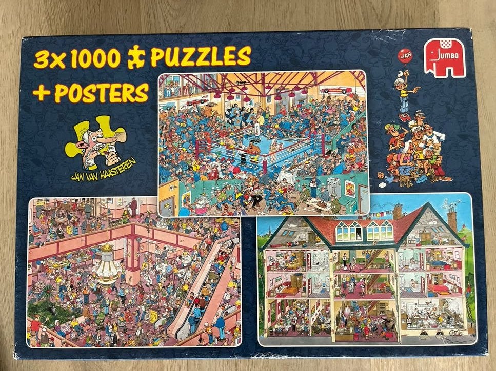 Jan van Haasteren 3x 1000 stukjes puzzel + posters, Ophalen, Meer dan 1500 stukjes, Gebruikt, Legpuzzel