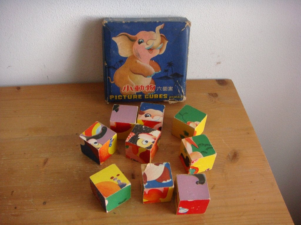 Ouderwetse blokkenpuzzel in doos, Ophalen of Verzenden, Minder dan 10 stukjes, Gebruikt
