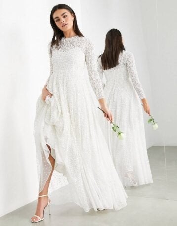 ASOS BRIDAL Trouwjurk met lange mouwen en textuur, Kleding | Dames, Ophalen of Verzenden, Zo goed als nieuw, Wit, Trouwjurk