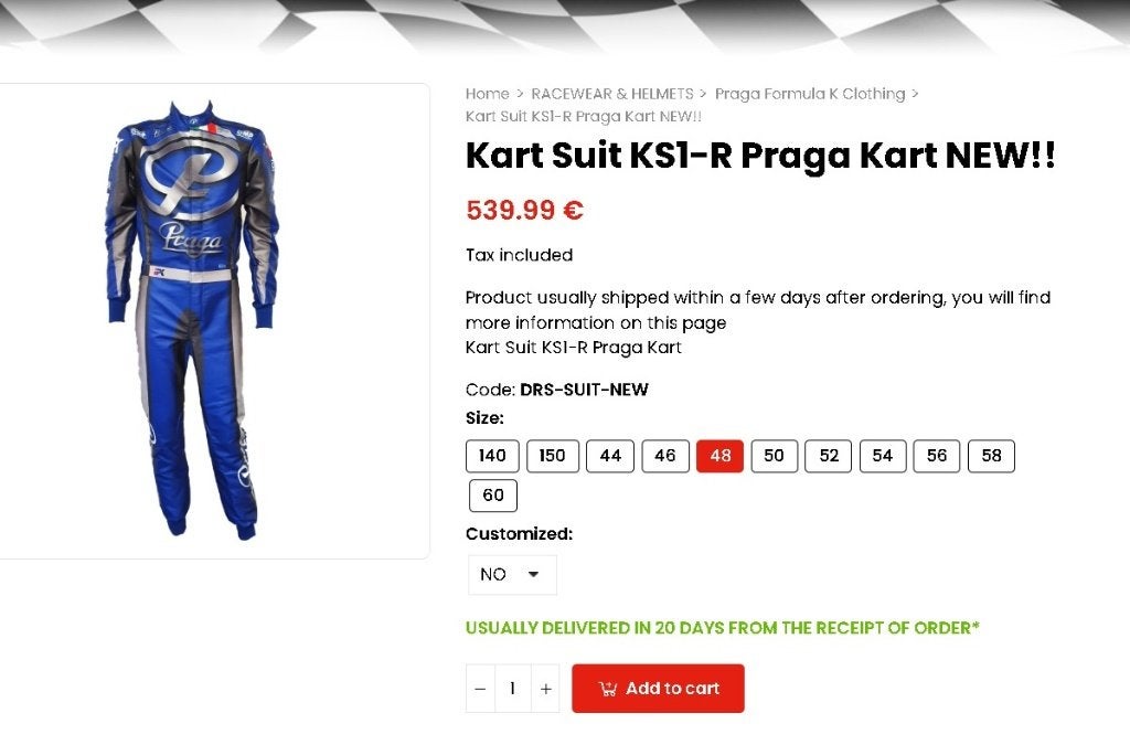 Praga racesuit mt 48, Sport en Fitness, Karting, Ophalen, Nieuw, Kleding of Schoenen
