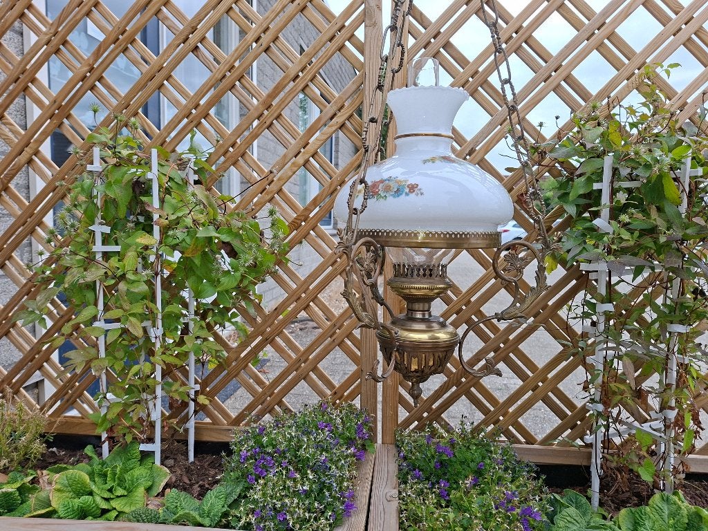 schitterende antieke messing hanglamp met melkglas, Ophalen of Verzenden