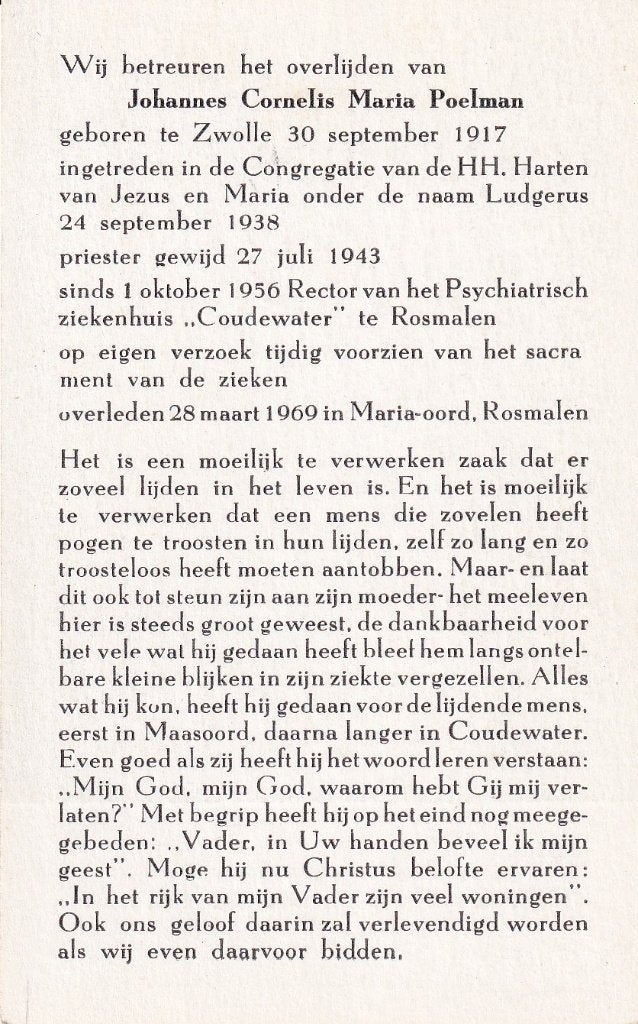 Poelmans Johannes 1917 Johannes 1969 Rosmalen priester, Ophalen of Verzenden