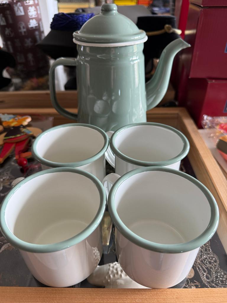 Emaille Koffiepot met 4 Mokken - Mintgroen Vintage Stijl, Ophalen of Verzenden