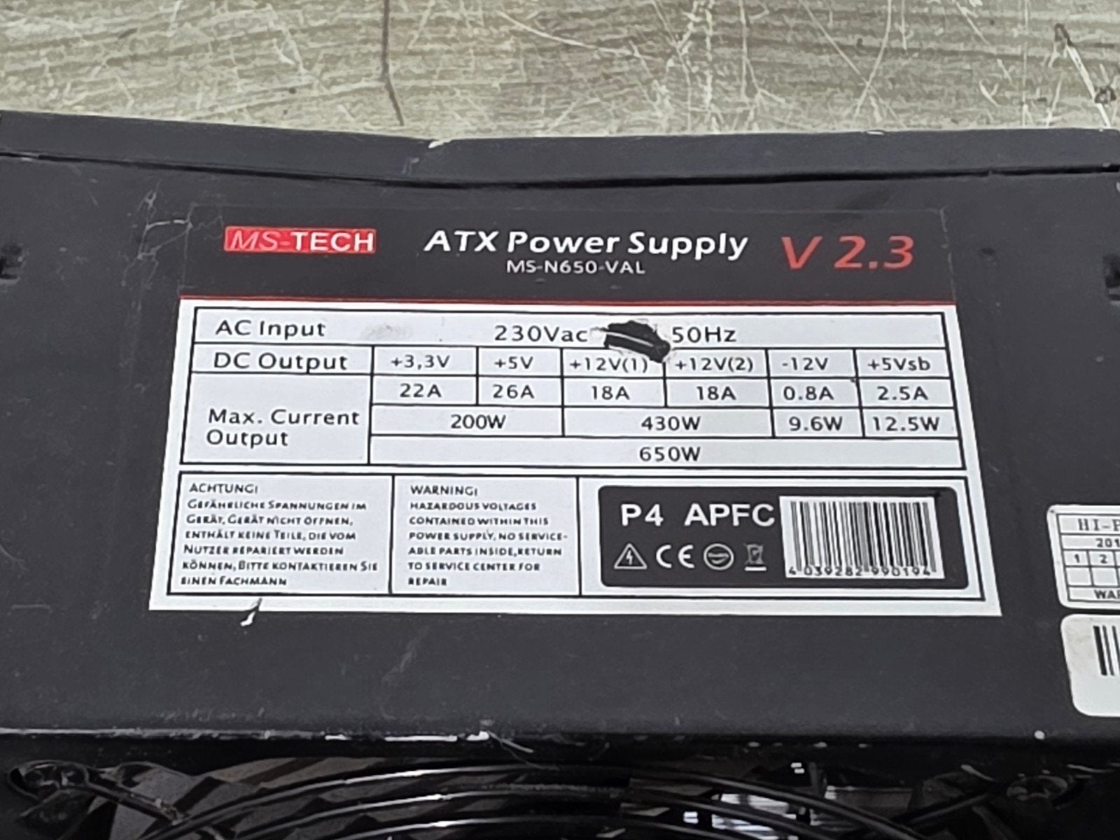 Ms-tech 650w max voeding psu power supply ms-n650-val v2.3, Gebruikt, ., Ophalen of Verzenden, .