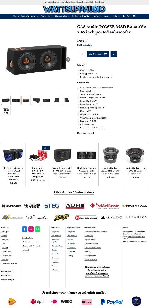 GAS Audio POWER MAD B2-210V 2 x 10 inch gepoorte subwoofer, Info@optimount.nl, Nieuw, Ophalen of Verzenden, Anholtseweg 48A 7091 HB DINXPERLO