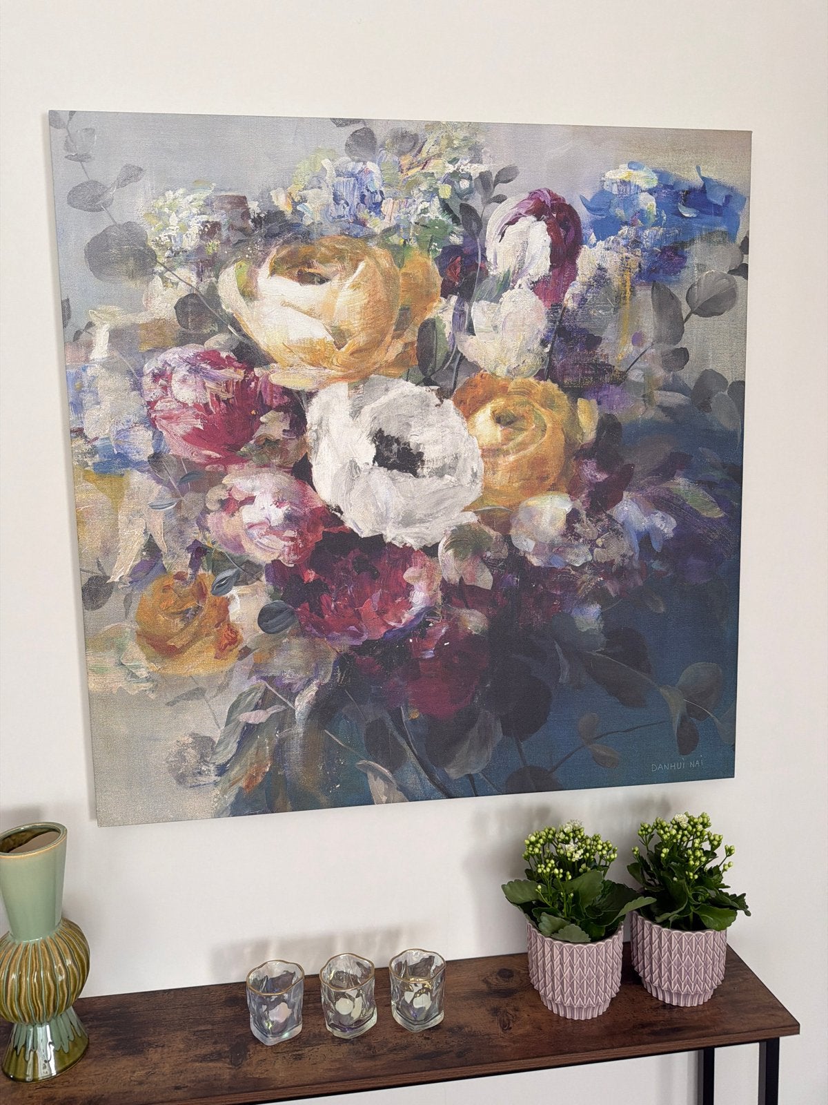 Groot bloemenprint schilderij 100x100 cm, Ophalen of Verzenden, Zo goed als nieuw, Schilderij, 75 tot 100 cm
