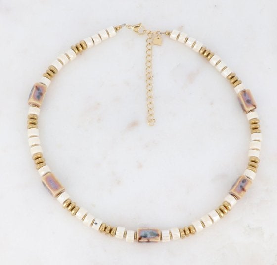 Bohm Paris ketting, versierd met roestvrijstalen kralen, Overige materialen, Beige, Bohm paris, Nieuw