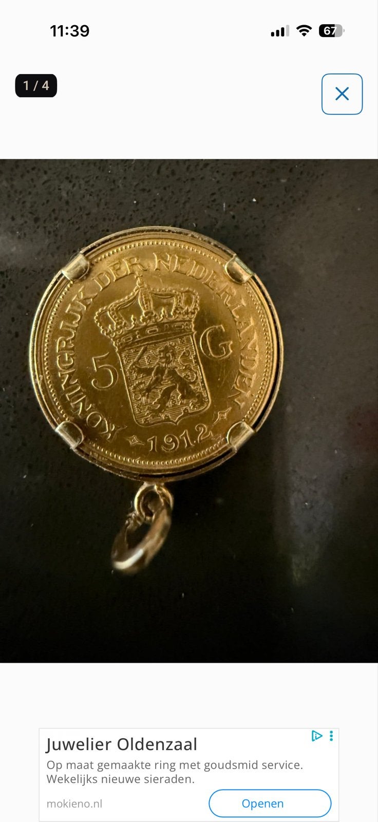 Gouden 5 Gulden Munt Hanger Koningin Wilhelmina 1912, 5 gulden, Koningin Wilhelmina, Losse munt, Goud