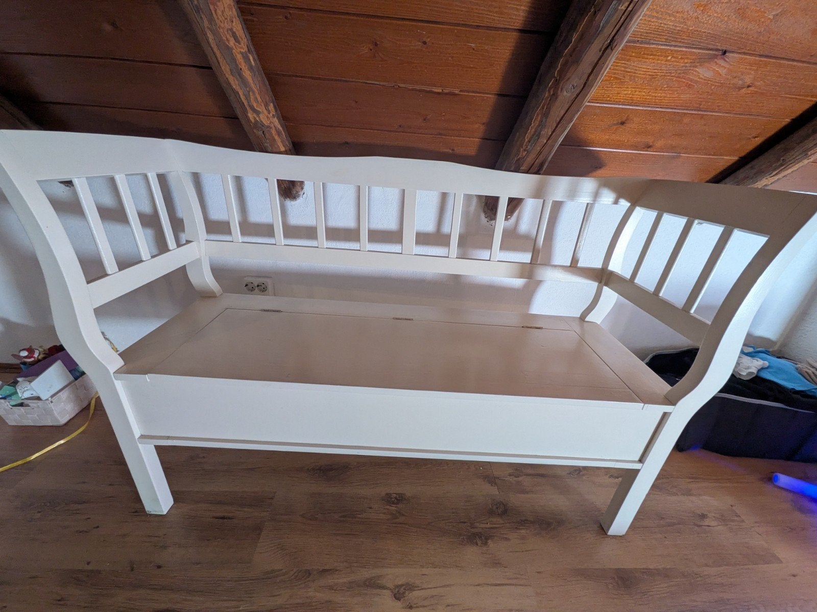 Klepbank witte houten bank met opbergruimte, Ophalen, Gebruikt, 150 tot 200 cm, Tweepersoons