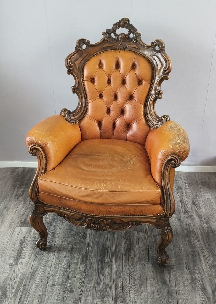 Antieke / klassieke leren fauteuil – rijk uitgesneden hout, Ophalen, Gebruikt, Barok, 75 tot 100 cm