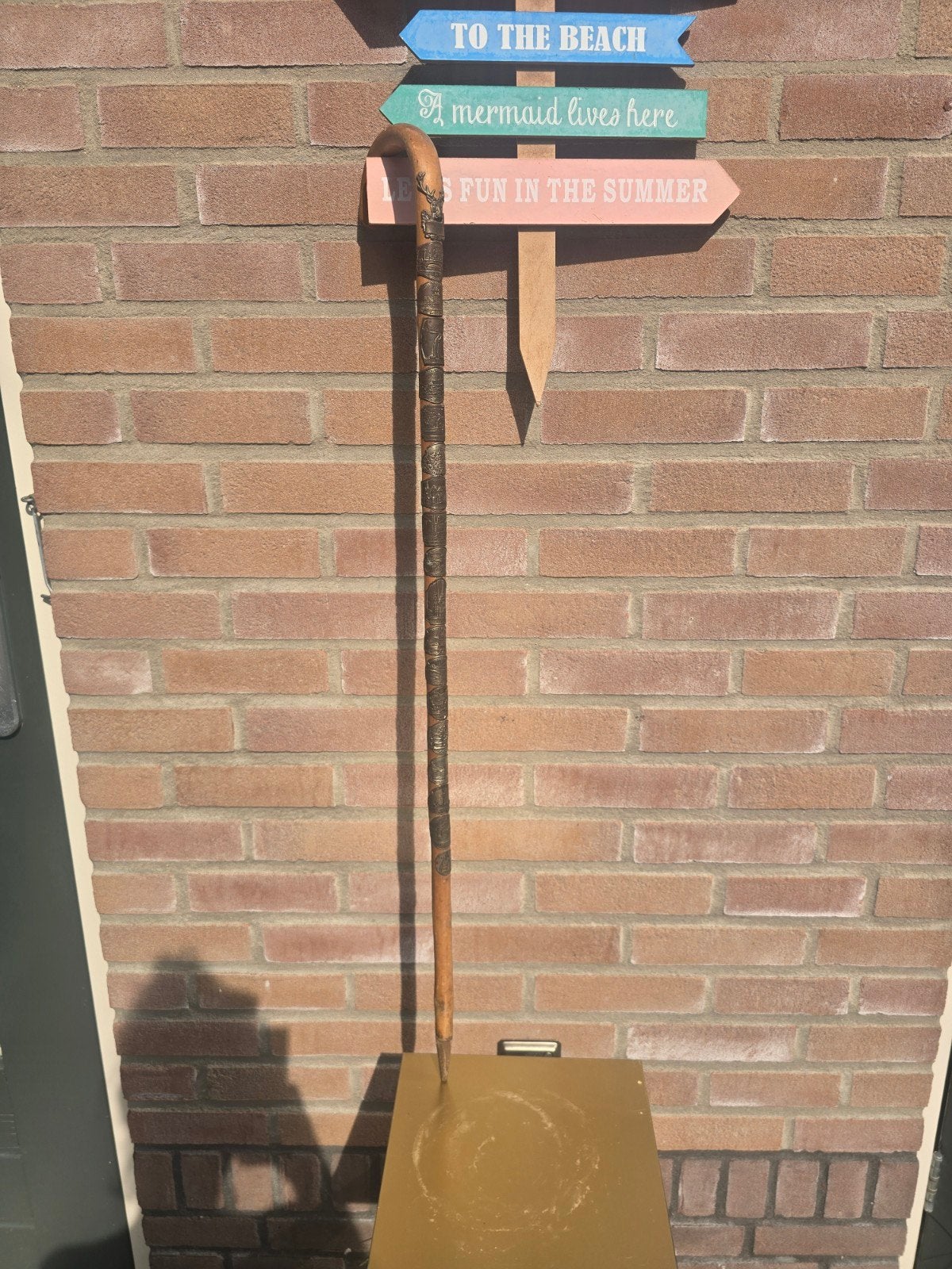 Vintage houten wandelstok met 15+ authentieke stocknagels /, Ophalen of Verzenden