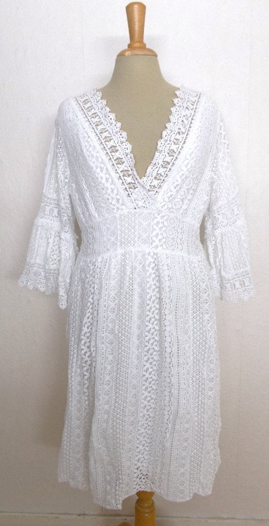 Romantisch 100% katoen wit kant/crochet look jurkje! 40, Maat 38/40 (M), Verzenden, Wit, Zo goed als nieuw